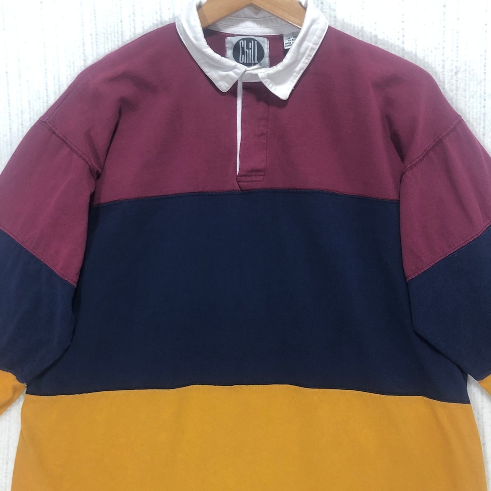 Chill Mens Colorblock Rugby Shirt Large Burgundy Navy Yellow Long Sleeve Cotton